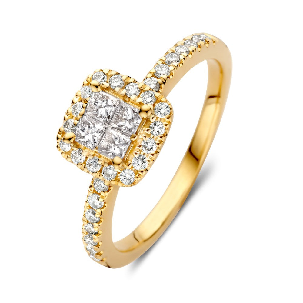 Anillo de oro amarillo con diamantes de 0.58 crt y detalles brillantes.