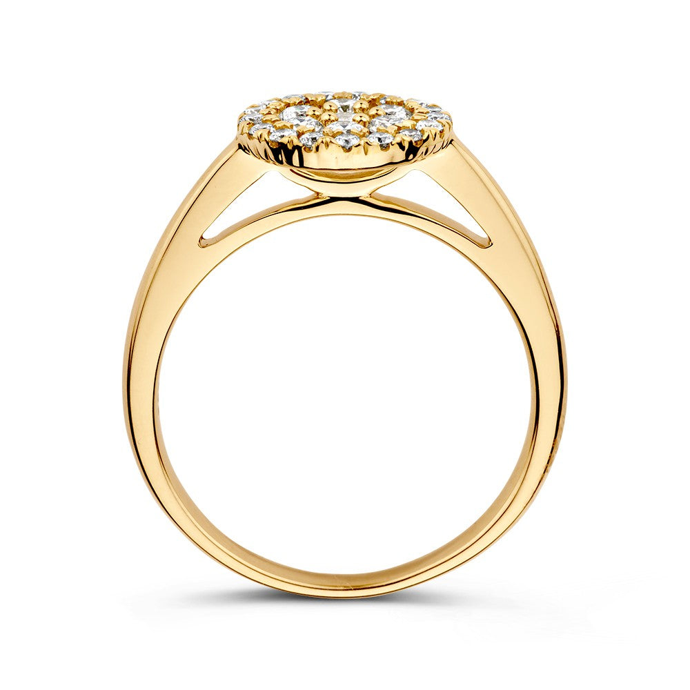 Anillo de oro amarillo llamativo con diamantes en doble halo – 14 quilates 0.60 crt.