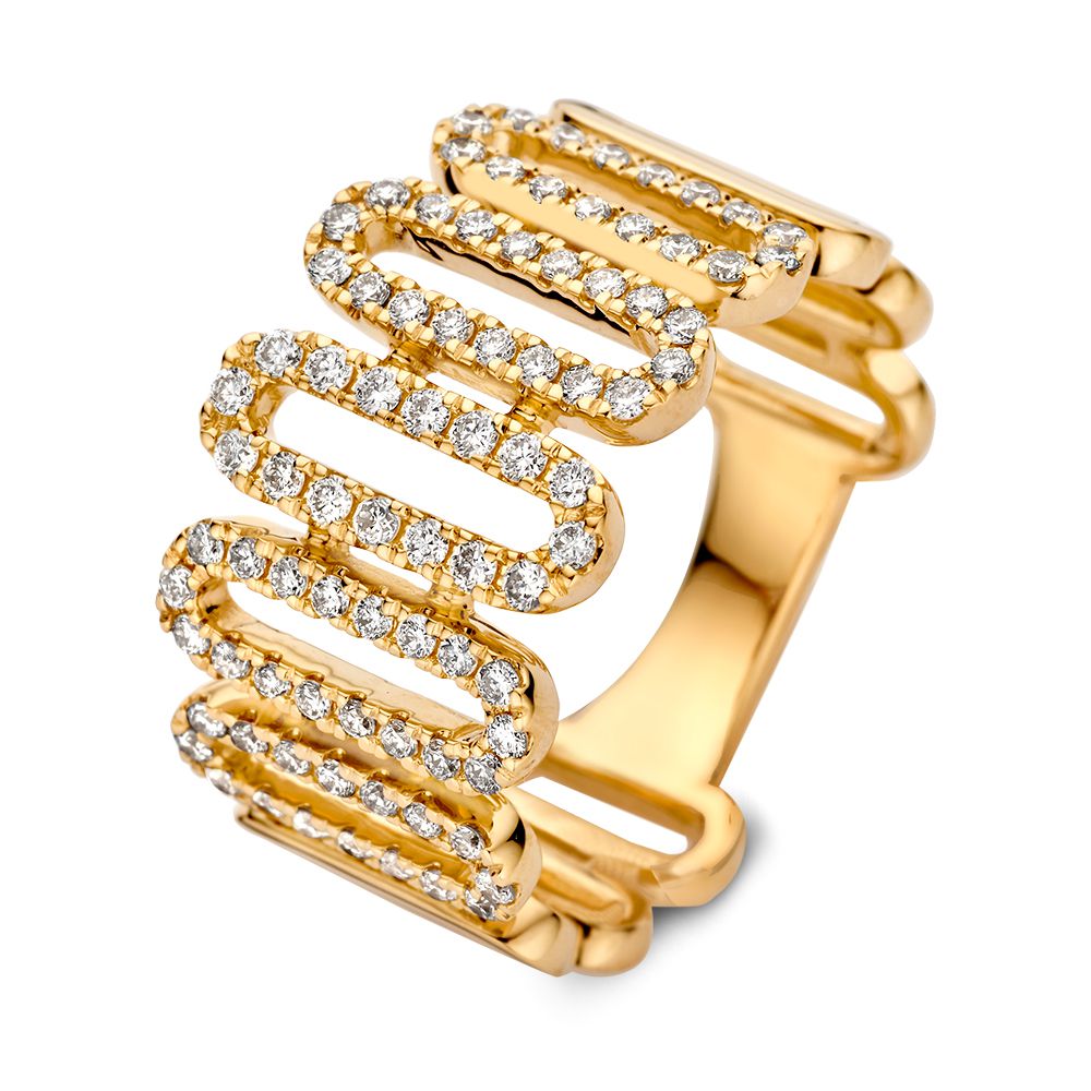 Anillo de oro amarillo único con eslabones ovalados y diamantes brillantes de 0.62 crt.