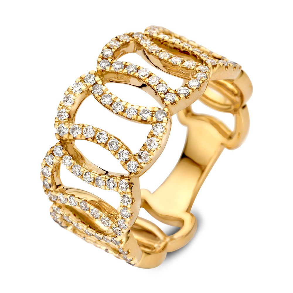 Anillo de oro amarillo con diamantes brillantes, diseño único y forma ondulada.