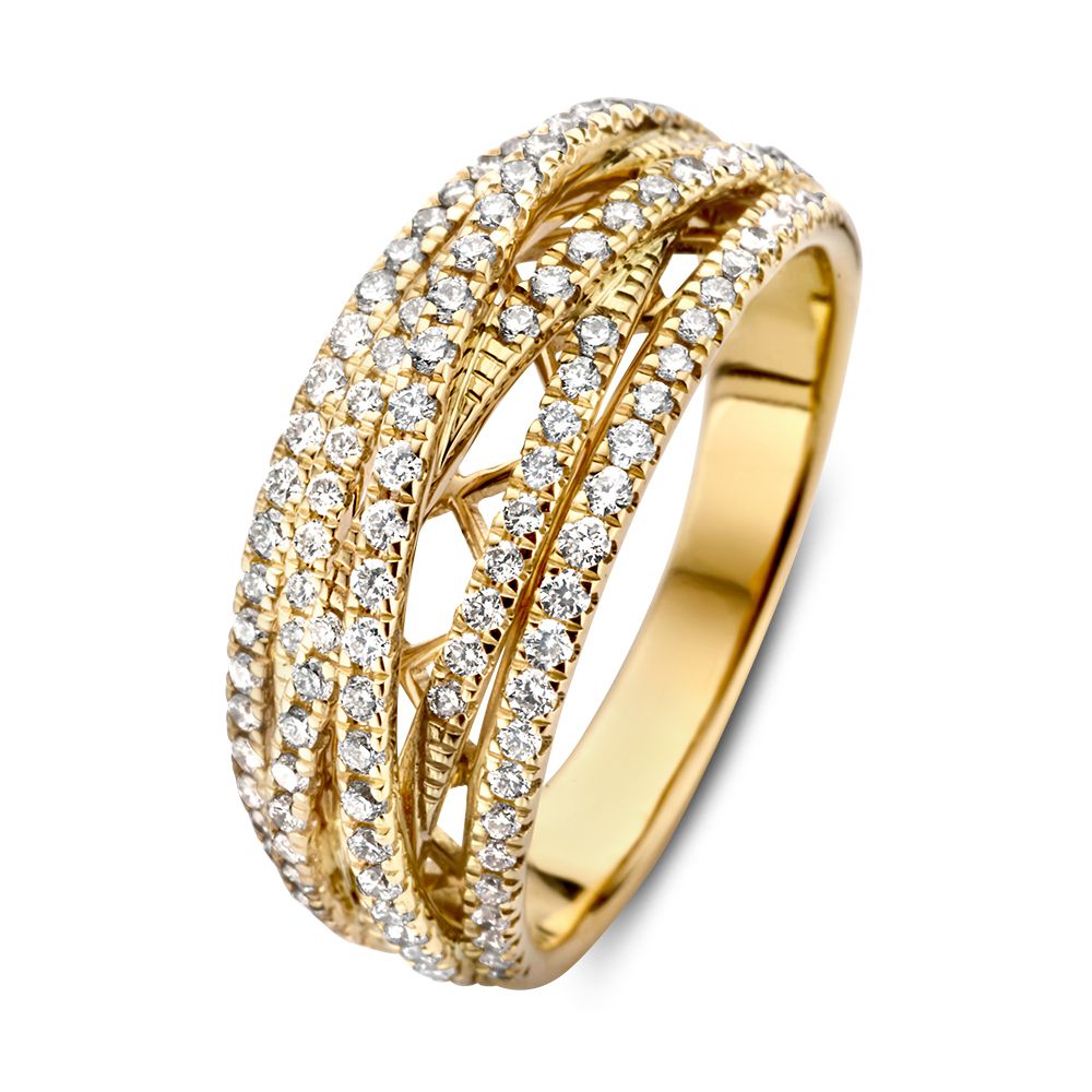 Anillo de oro amarillo con diamantes, formado por seis bandas entrelazadas y 0.71 crt.