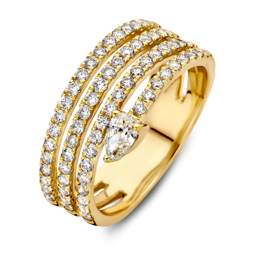 Anillo de oro amarillo con diseño único y diamante en forma de pera de 0.98 crt, adornado con diamantes.