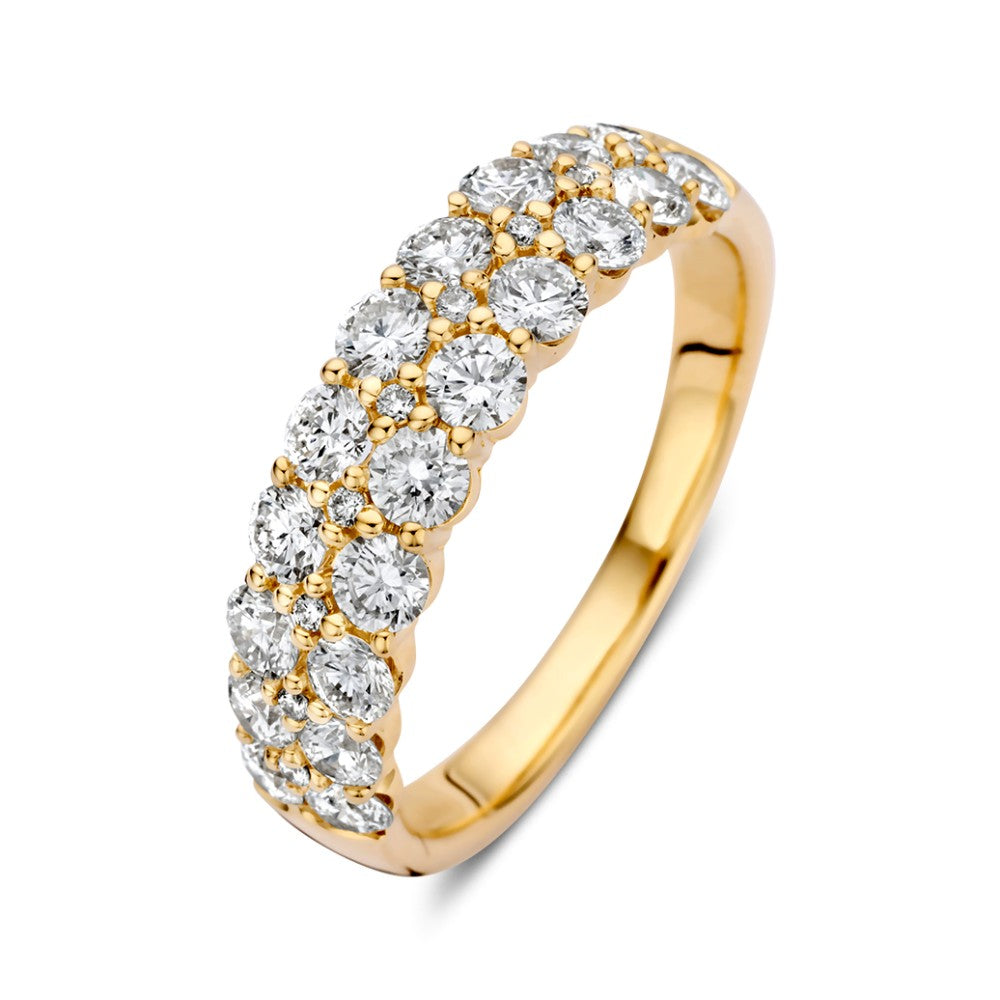 Anillo de oro amarillo de 14 quilates con diamantes en pavé, 1.45 quilates, diseño brillante.