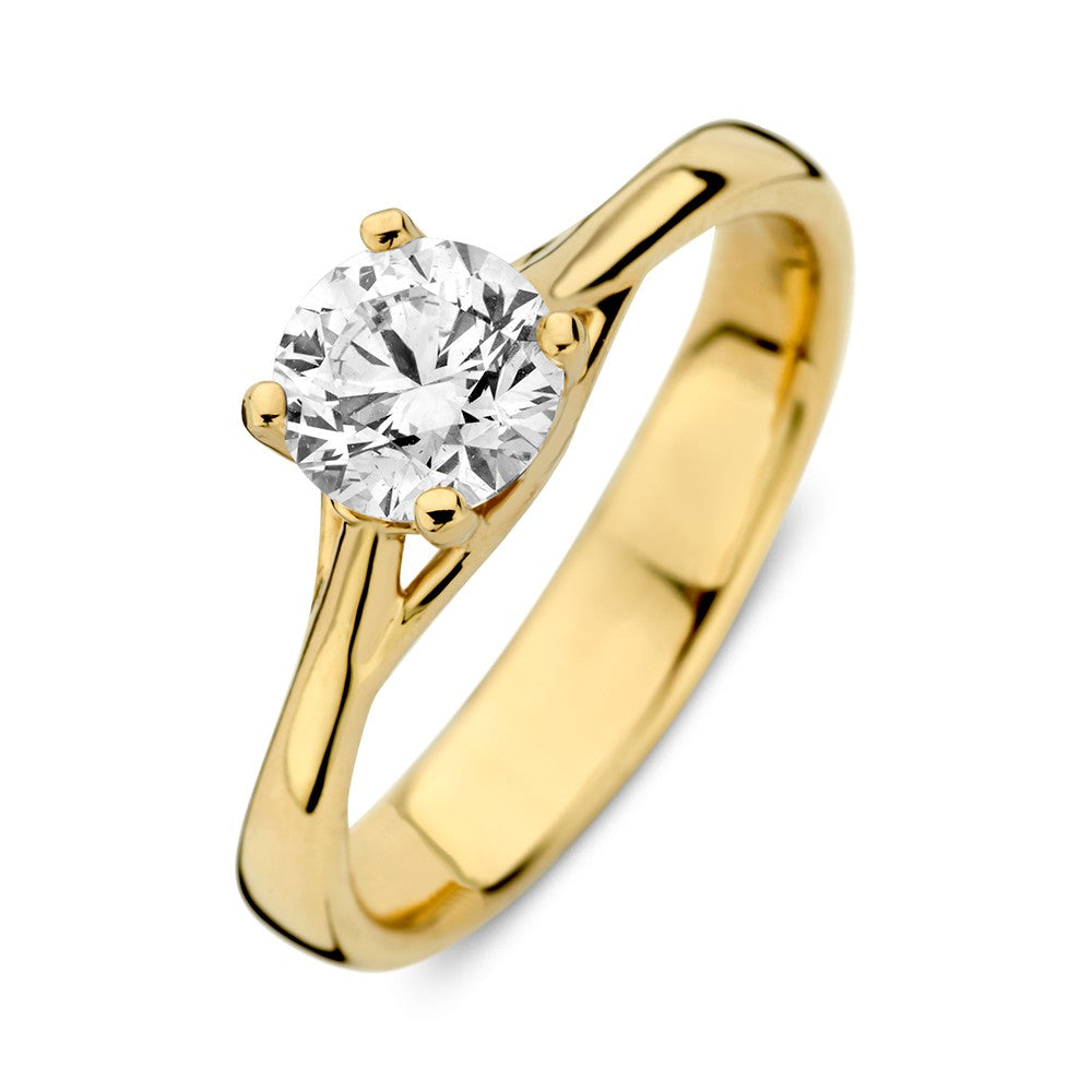 Anillo de oro amarillo con un diamante lab-grown de 1,00 quilate, diseño solitario y brillante.