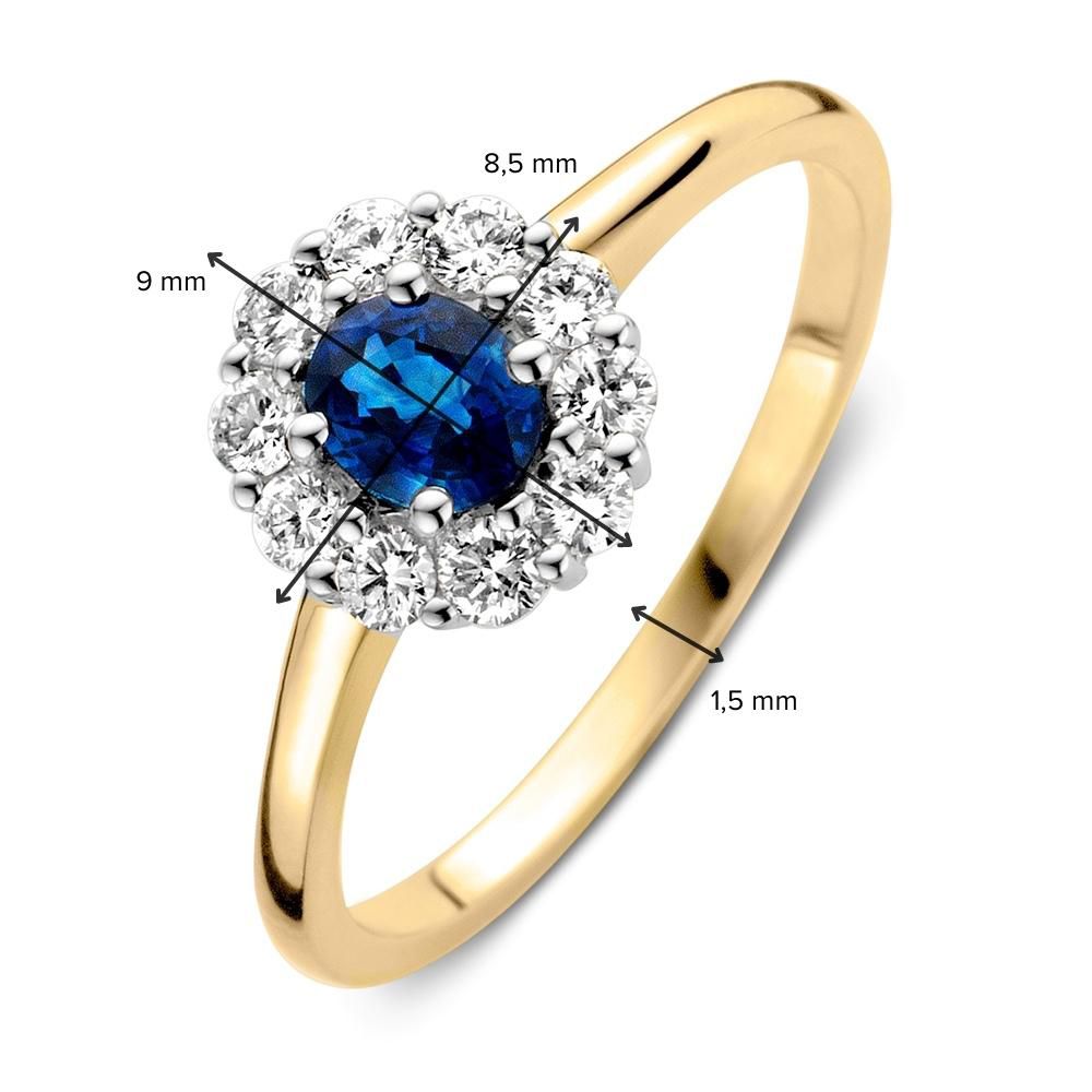 Elegante Anillo de Oro Amarillo/Oro Blanco con Zafiro Azul y Diamantes Brillantes