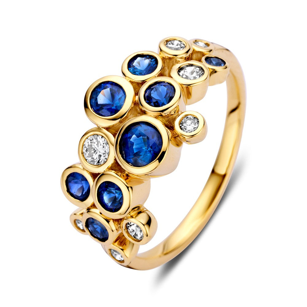 Anillo de oro amarillo de 14k con zafiros de 1.10 ct y diamantes de 0.29 ct de la colección 'Bubbles'.