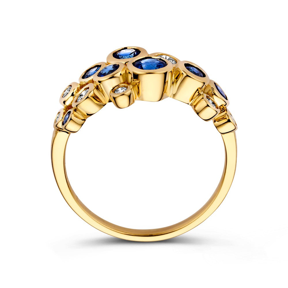 Anillo de oro amarillo elegante con zafiros de 1.10ct y diamantes de 0.29ct, colección 'Bubbles'
