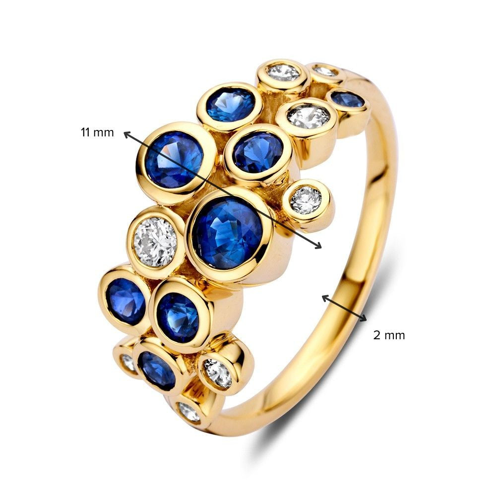 Anillo de oro amarillo elegante con zafiros de 1.10ct y diamantes de 0.29ct, colección 'Bubbles'