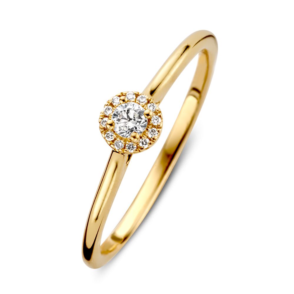 Anillo de oro amarillo de 14 quilates con diamante brillante de 0.14 quilates y circonitas.