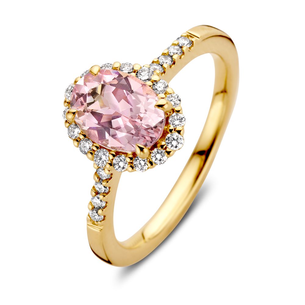 Anillo de oro amarillo elegante con morganita rosa y diamantes brillantes.