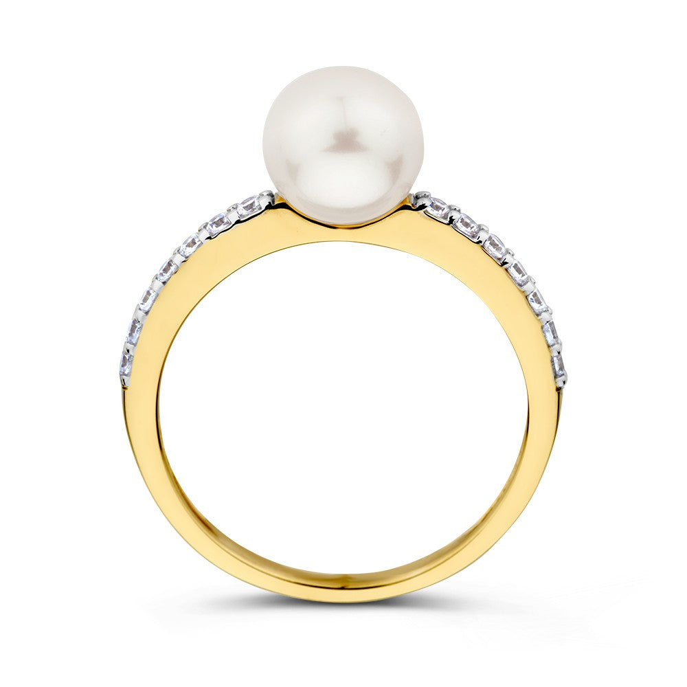 Anillo de oro de 14K con perla de agua dulce y circonitas para de mujer, joya elegante