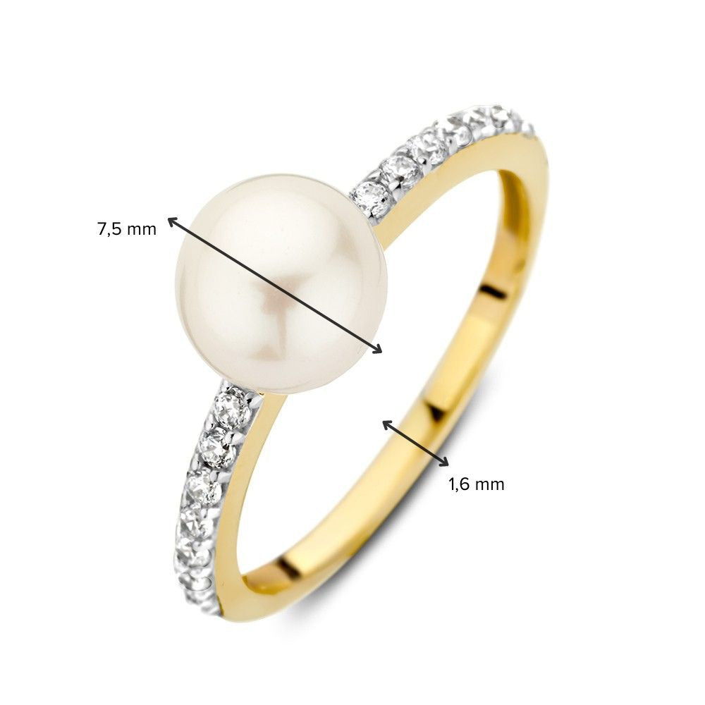 Anillo de oro de 14K con perla de agua dulce y circonitas para de mujer, joya elegante