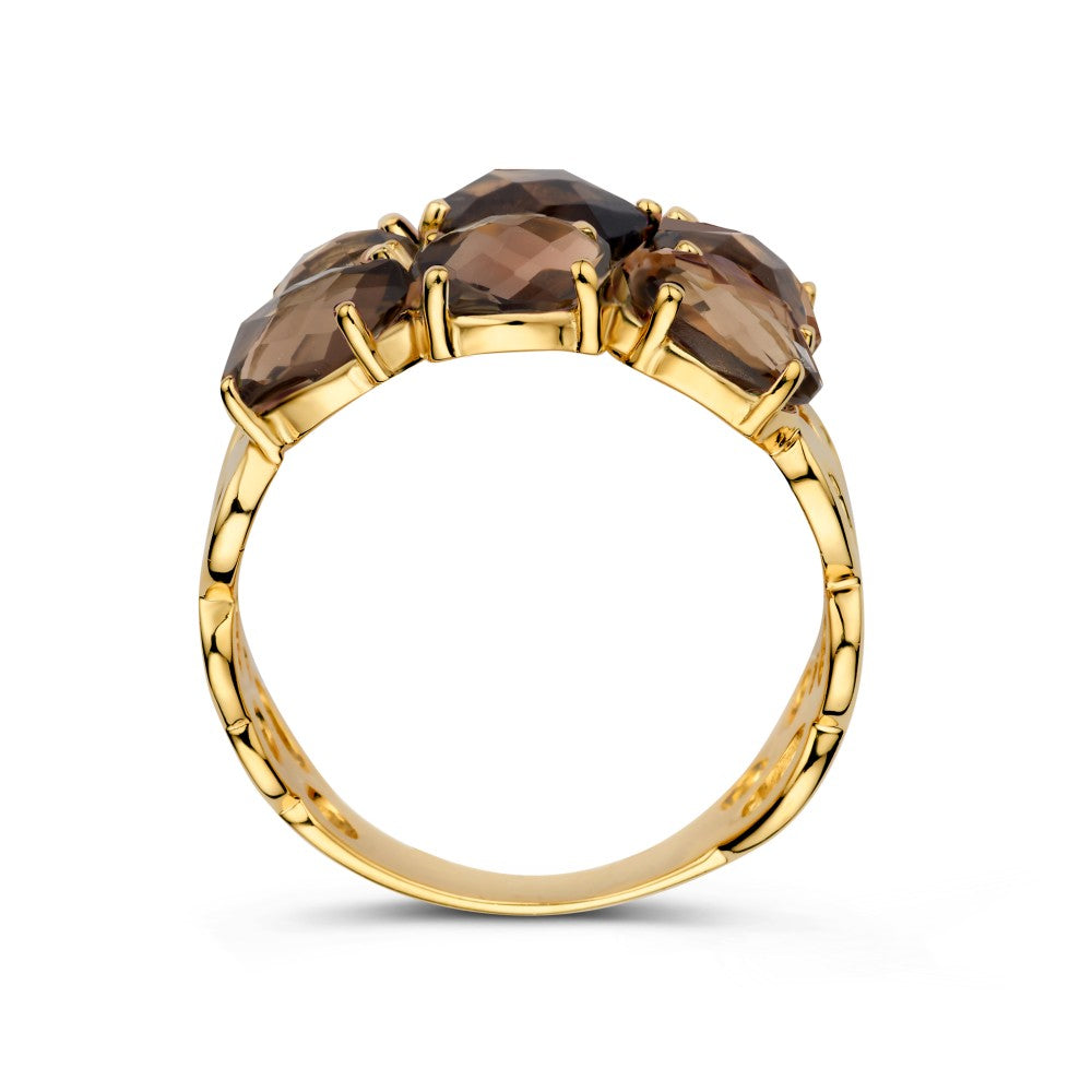 Anillo Ancho de Oro Amarillo con Cuarzo Ahumado – Una Declaración de Lujo y Belleza Orgánica