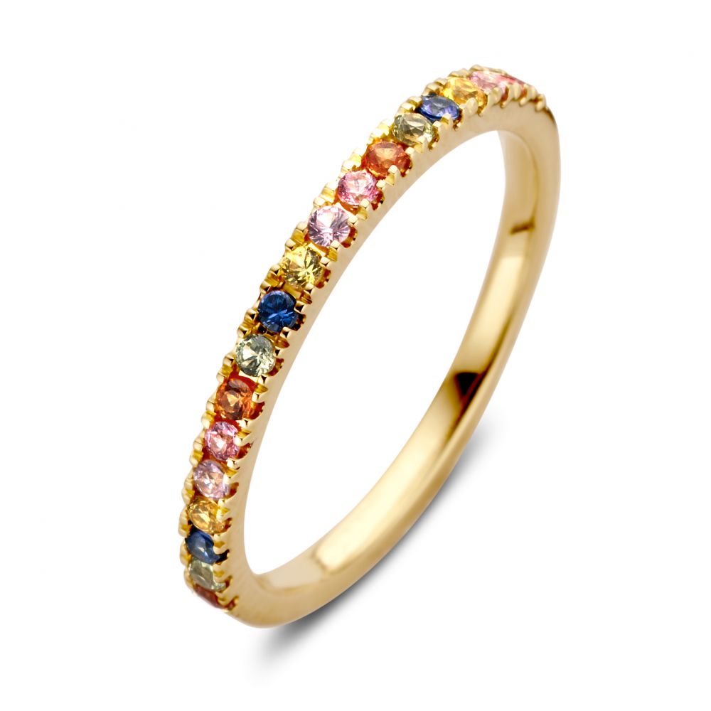 Anillo de oro amarillo con zafiros de colores en un diseño alegre y colorido.
