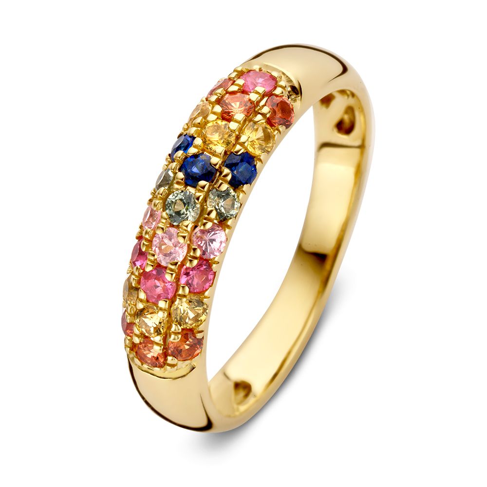 Anillo de oro amarillo de 14 quilates con zafiros de colores y diamantes pavé.