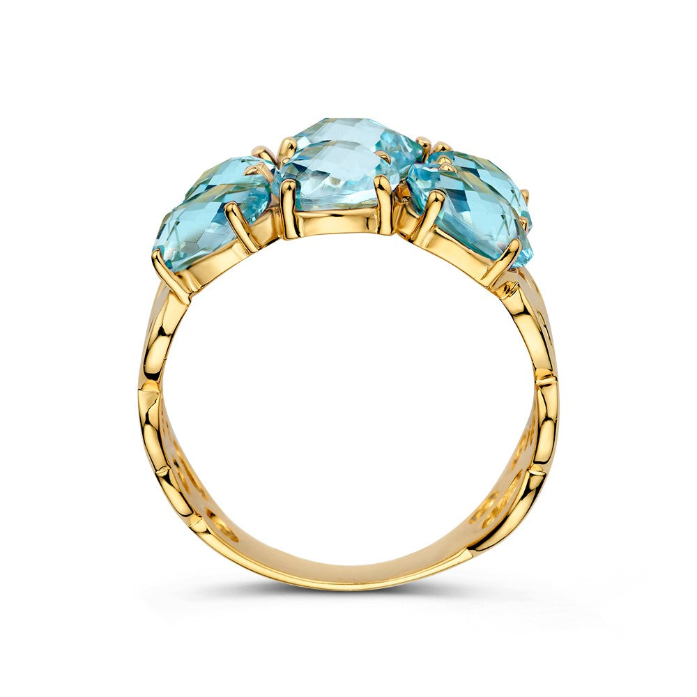 Anillo de oro amarillo con topacios azules y engaste orgánico – Anillo ancho de oro para de mujer