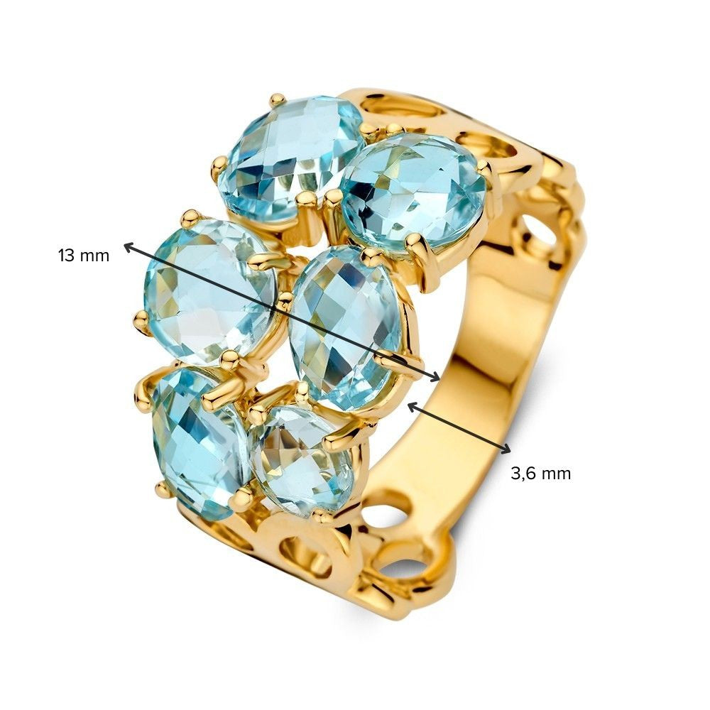 Anillo de oro amarillo con topacios azules y engaste orgánico – Anillo ancho de oro para de mujer