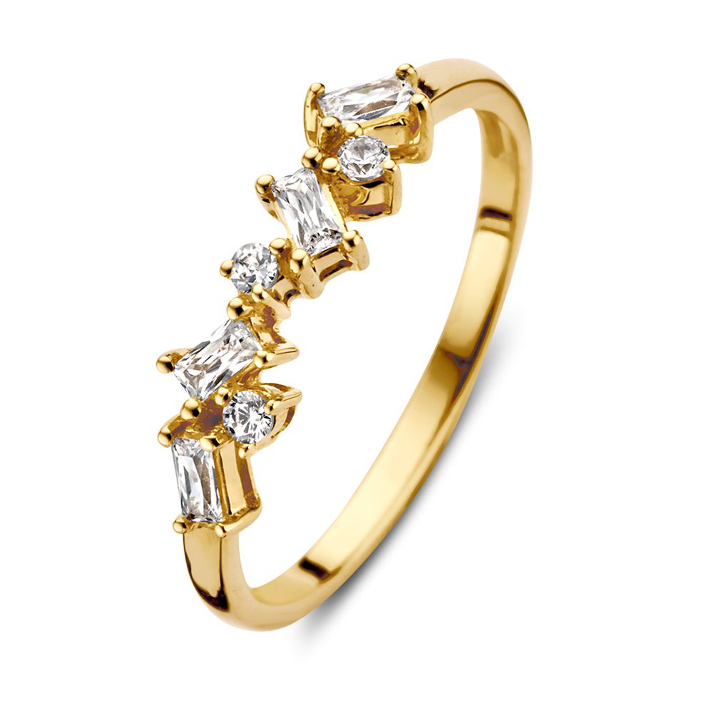 Anillo de dama en oro amarillo de 14 quilates con brillantes y zircóns en corte baguette.
