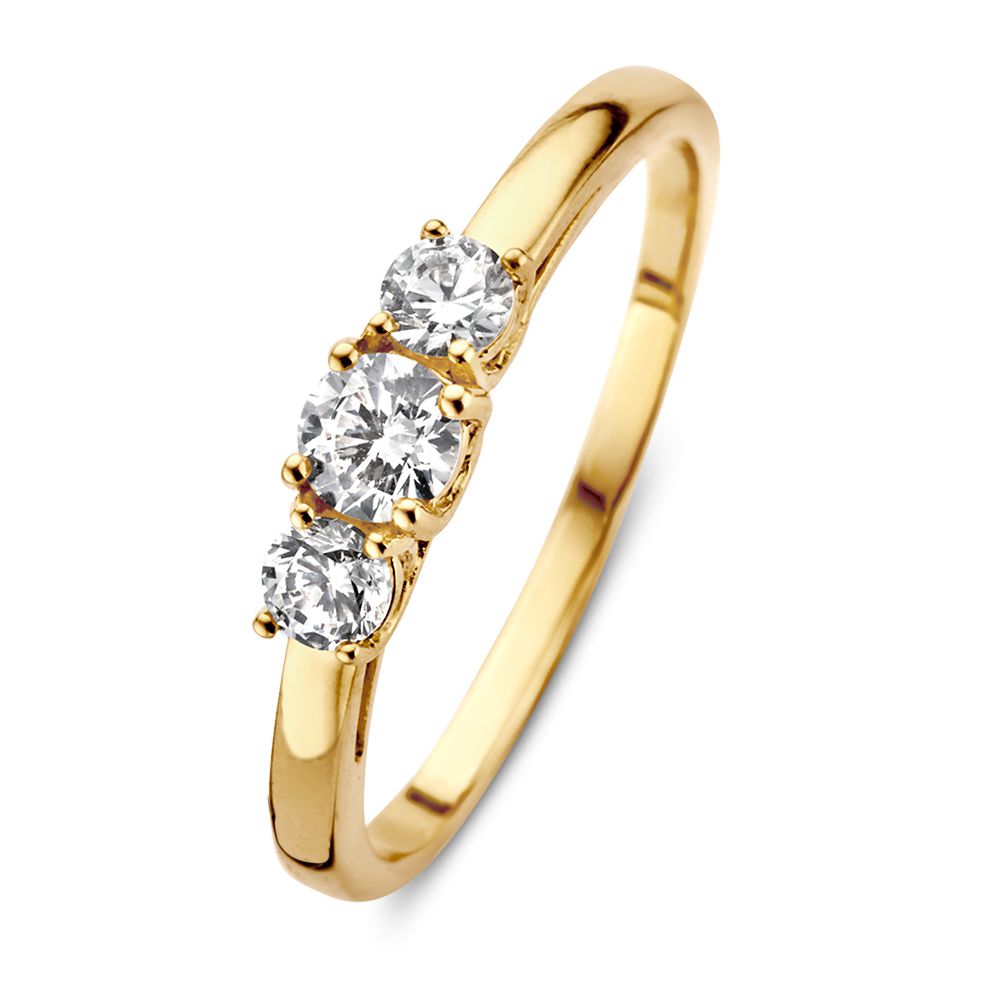 Anillo de dama en oro amarillo de 14 quilates con tres circonitas brillantes.