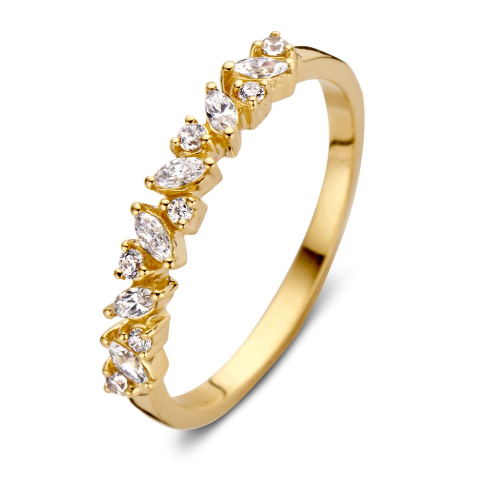 Anillo de oro amarillo de 14 quilates con un diseño único de piedras engastadas en media caña.