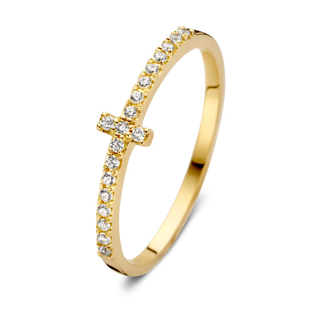 Anillo de oro amarillo de 14 quilates con un diseño sutil y brillante, adornado con piedras brillantes.