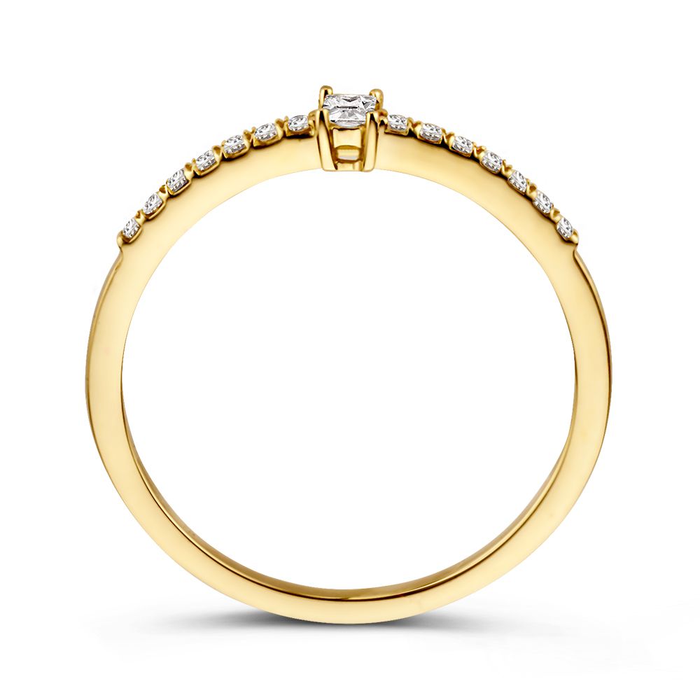 Anillo de oro amarillo con circonitas y piedra central tallada en baguette