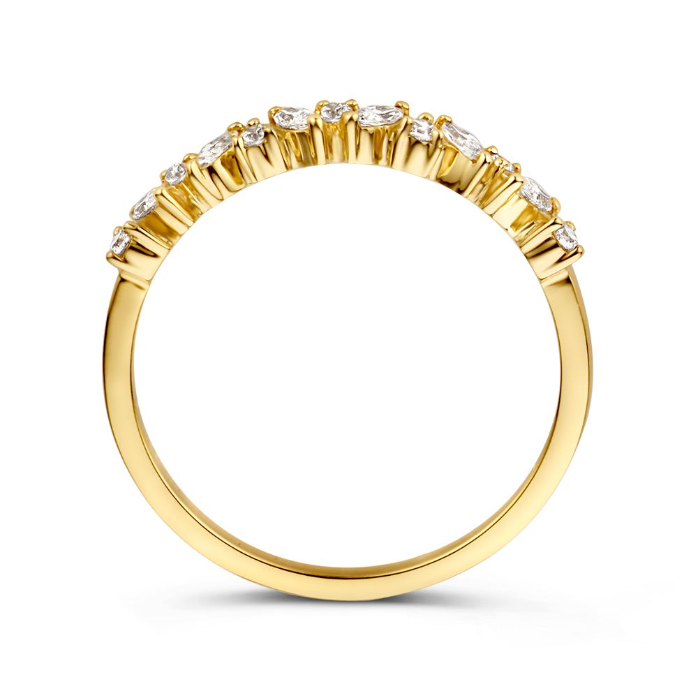 14 quilates oro amarillo, tallas únicas, elegante engaste de media alianza