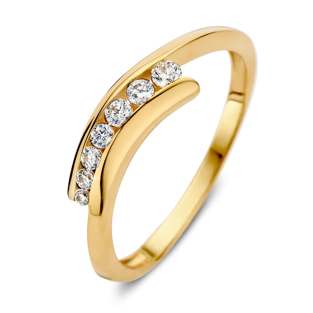 Anillo de oro amarillo con circonitas, diseño elegante y moderno, con detalles brillantes.