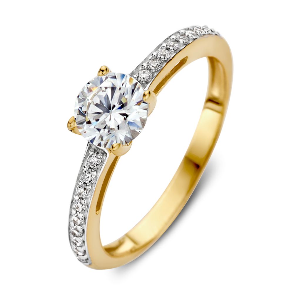 Anillo de oro amarillo de 14 quilates con circonitas, de 6 mm de ancho, con un diseño elegante.