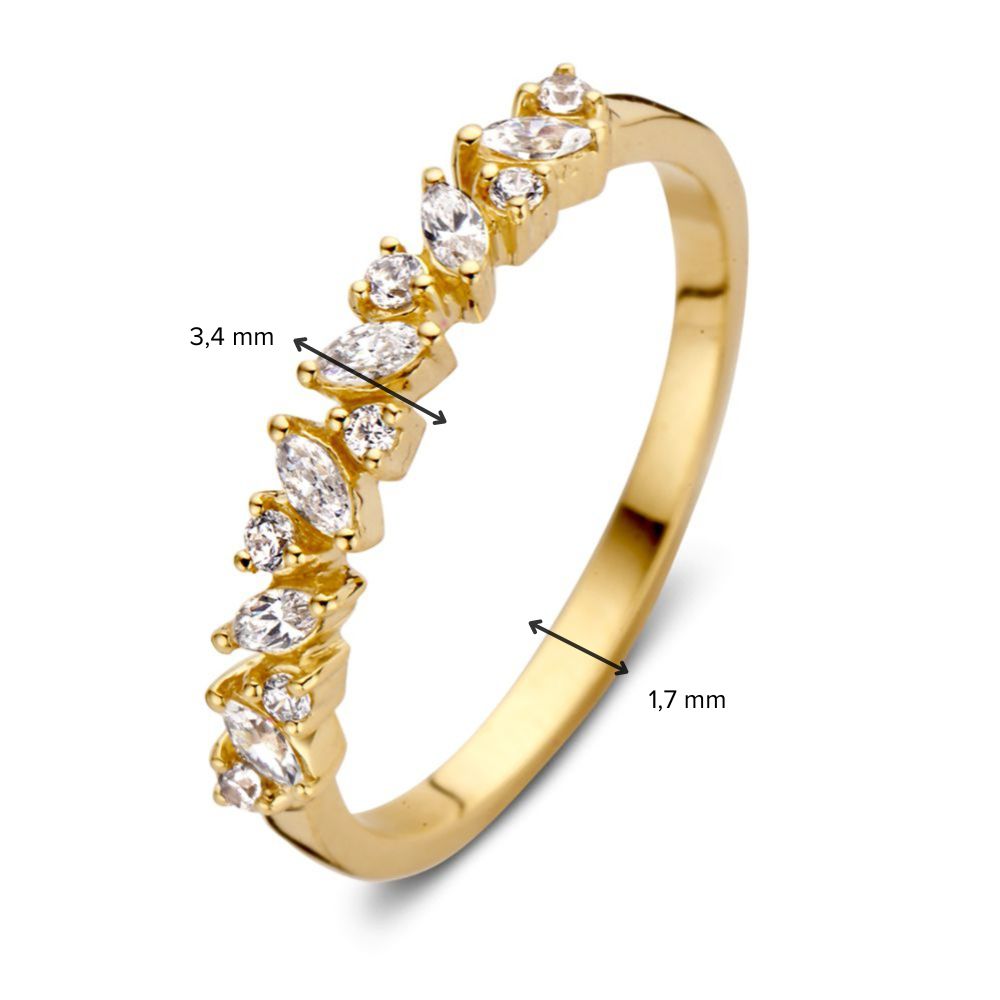 14 quilates oro amarillo, tallas únicas, elegante engaste de media alianza