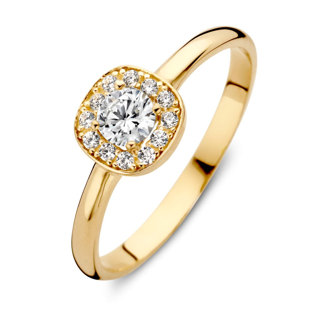 Anillo de oro amarillo de 14 quilates con circonita redonda en caja cuadrada y halo de piedras.