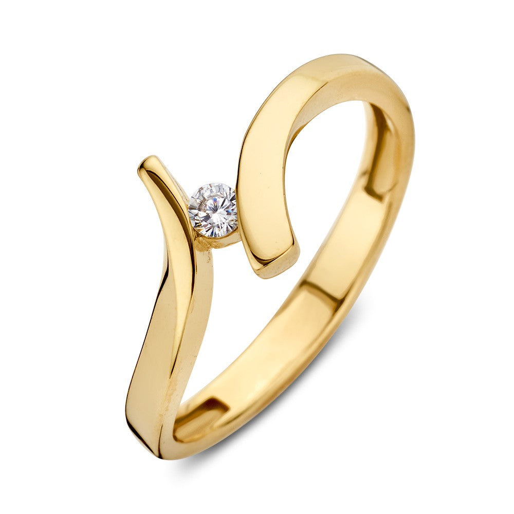 Anillo de oro amarillo con zirconia, diseño elegante y brillante en forma de S.