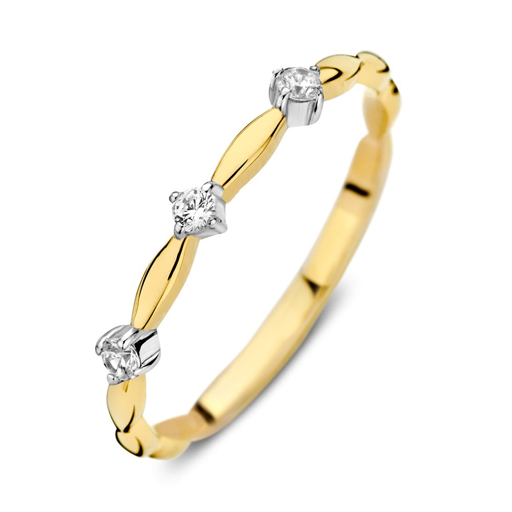 Anillo bicolor de oro amarillo y blanco de 14K con circonitas, diseño sutil y elegante.