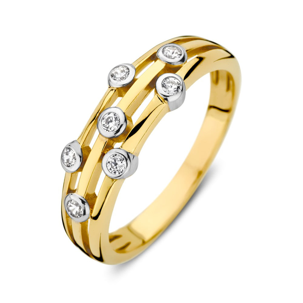 Anillo de oro de 14K con circonitas en engaste redondo, diseño elegante para dama.