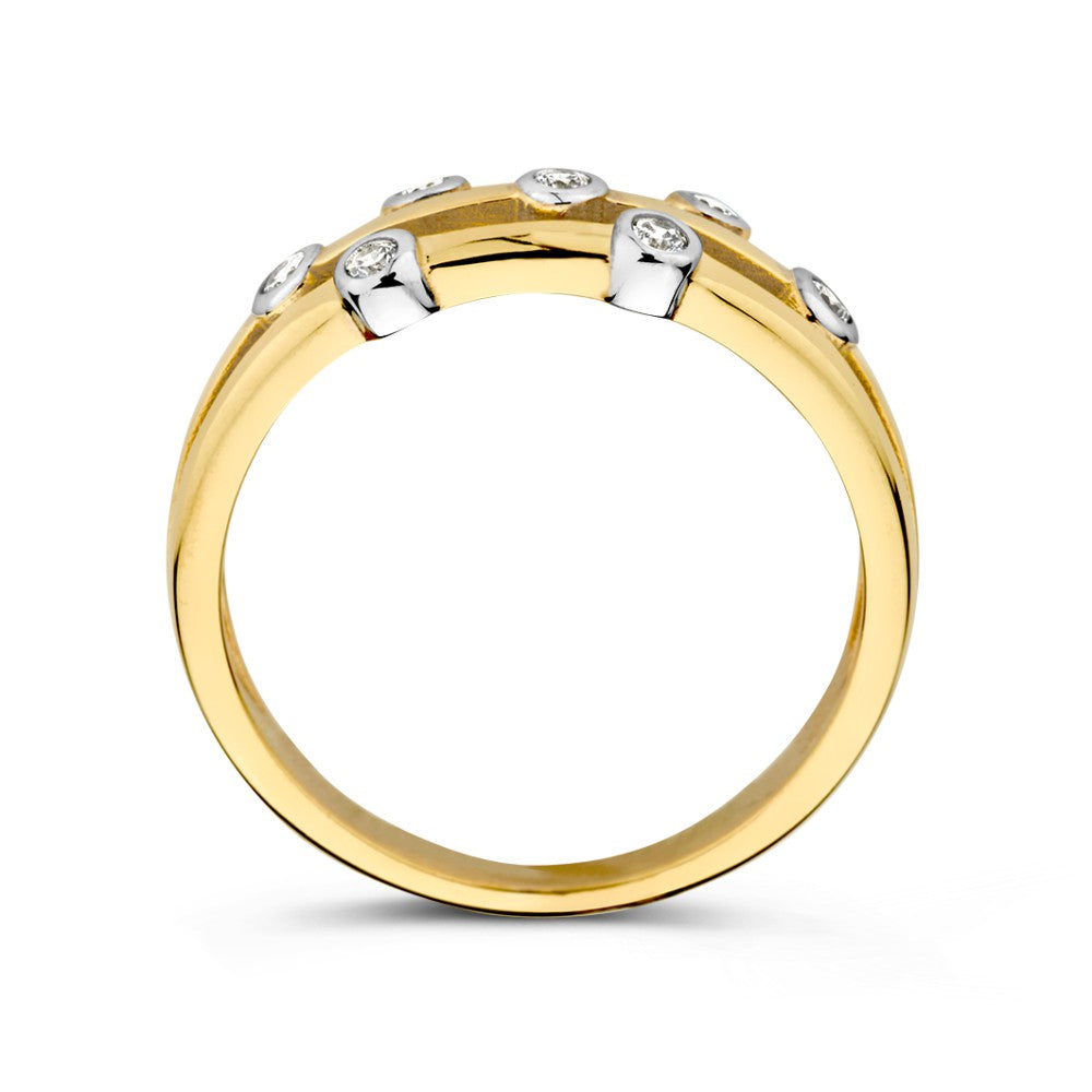 anillo de oro de 14K con circonitas en engaste redondo, elegante joya de mujer