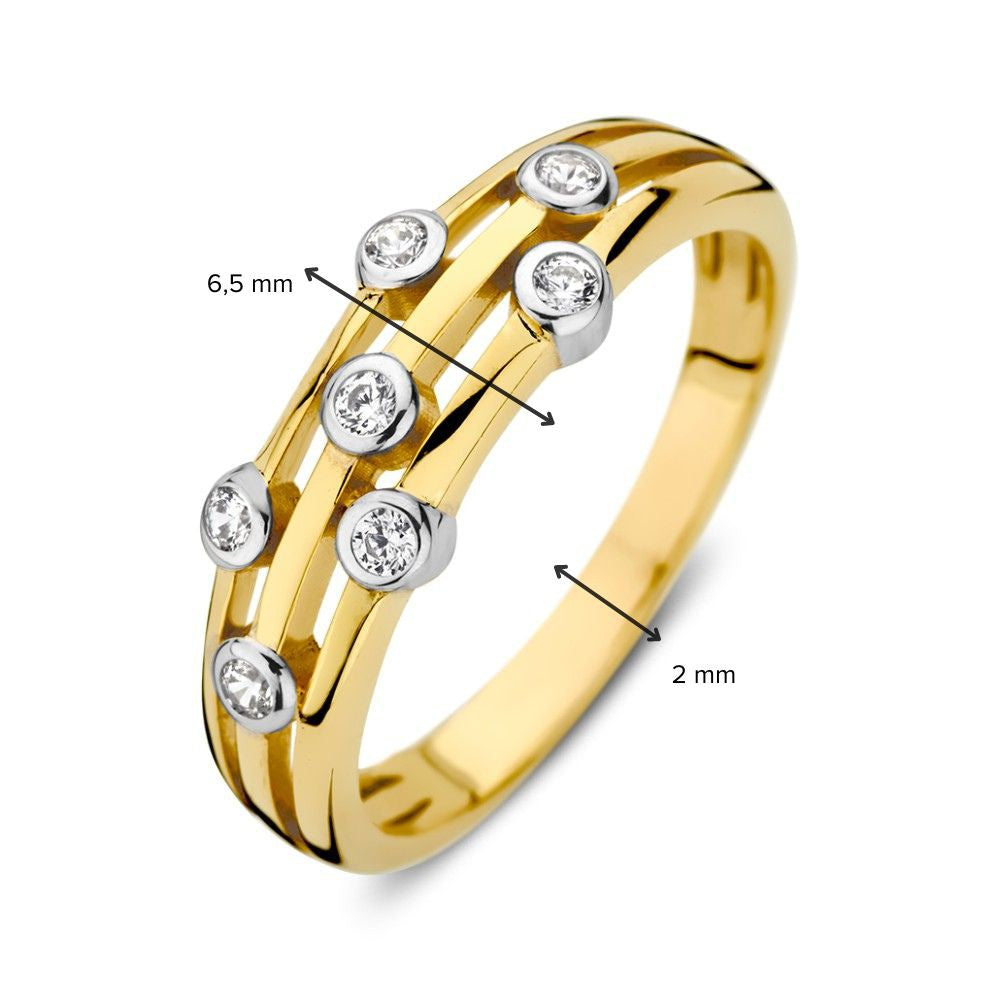 anillo de oro de 14K con circonitas en engaste redondo, elegante joya de mujer
