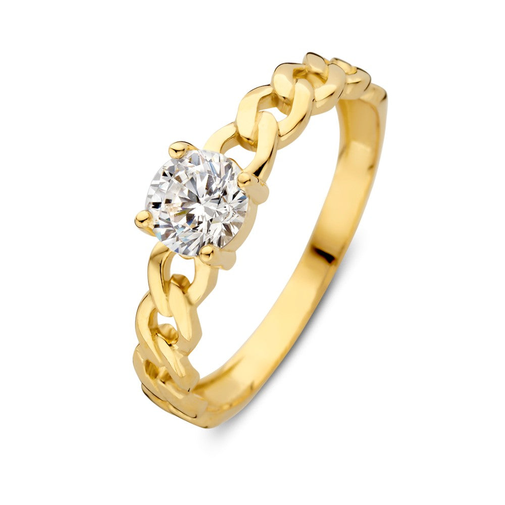 Anillo de oro con engaste de zircón y diseño de eslabones gourmet.