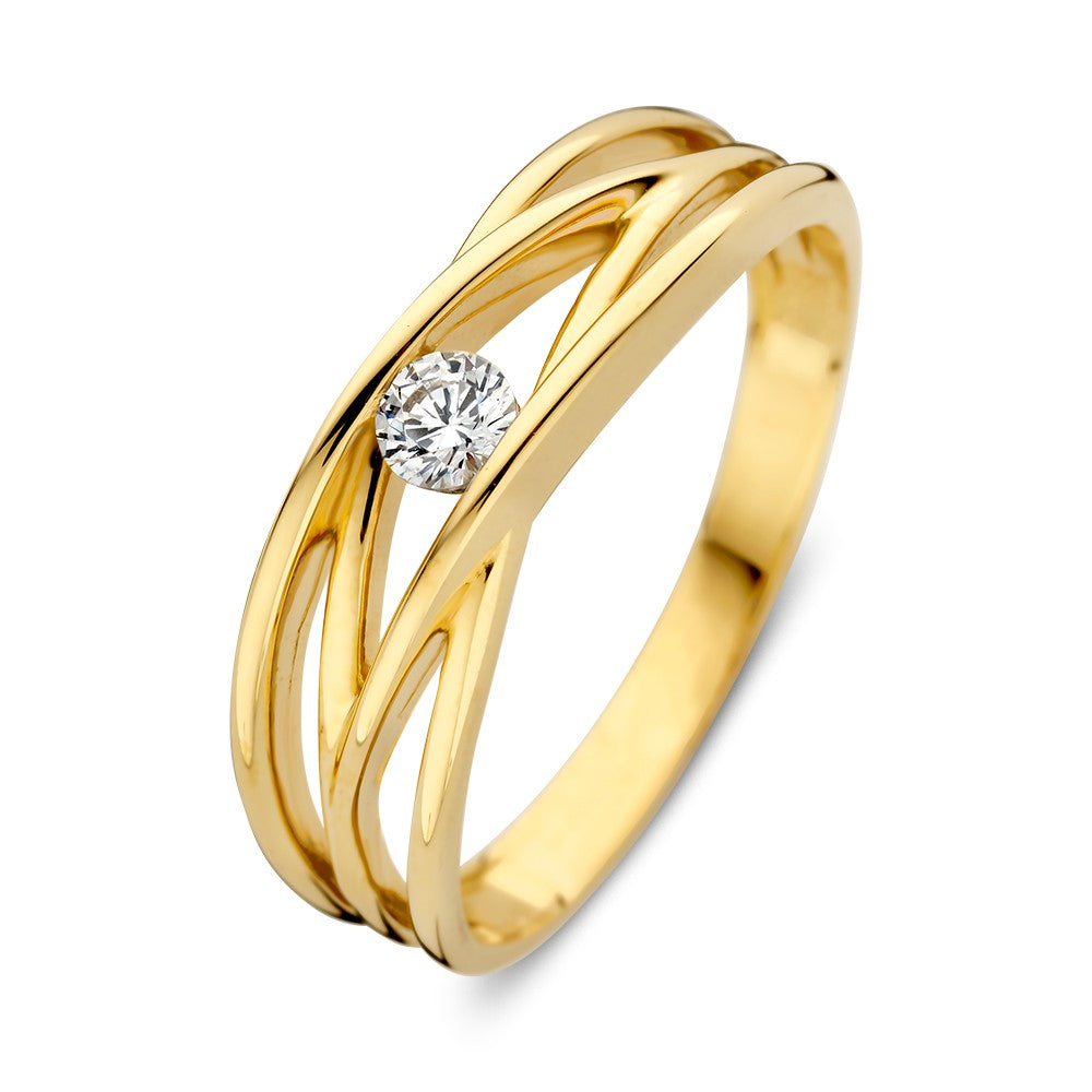 Anillo de oro amarillo elegante con bandas cruzadas y zirconia fina.