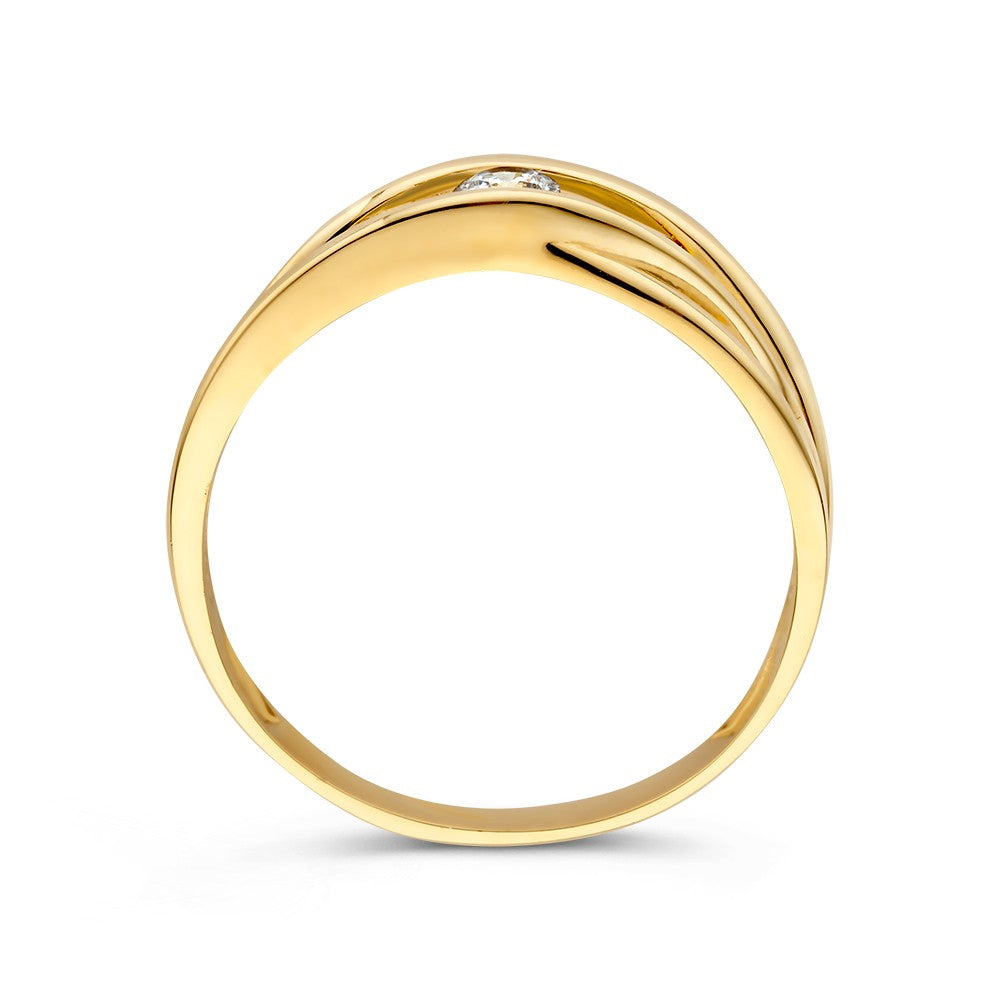 Elegante Anillo de Oro Amarillo con Bandas Cruzadas y Fina Zirconia – Joyería Atemporal para la Mujer Moderna
