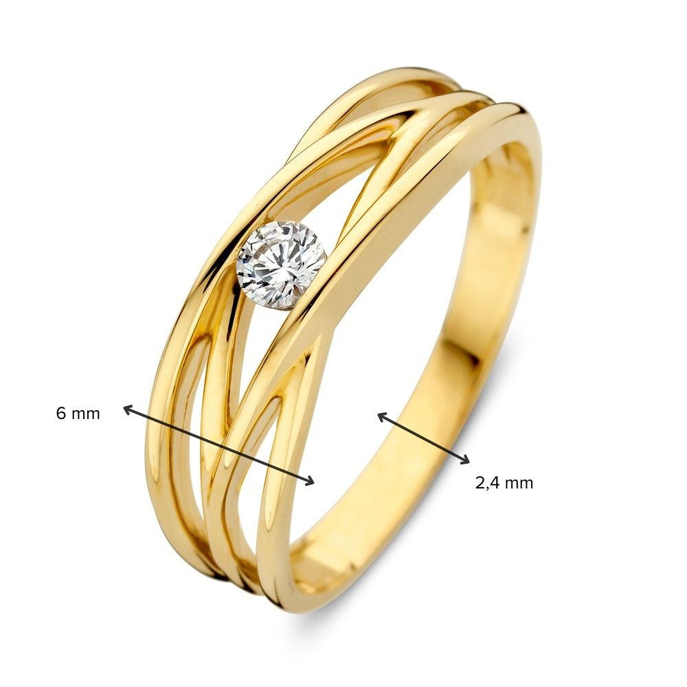 Elegante Anillo de Oro Amarillo con Bandas Cruzadas y Fina Zirconia – Joyería Atemporal para la Mujer Moderna