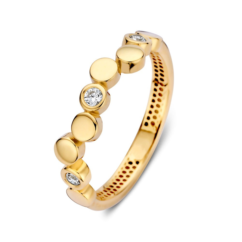 Anillo de oro amarillo con elementos redondos y circonitas brillantes.