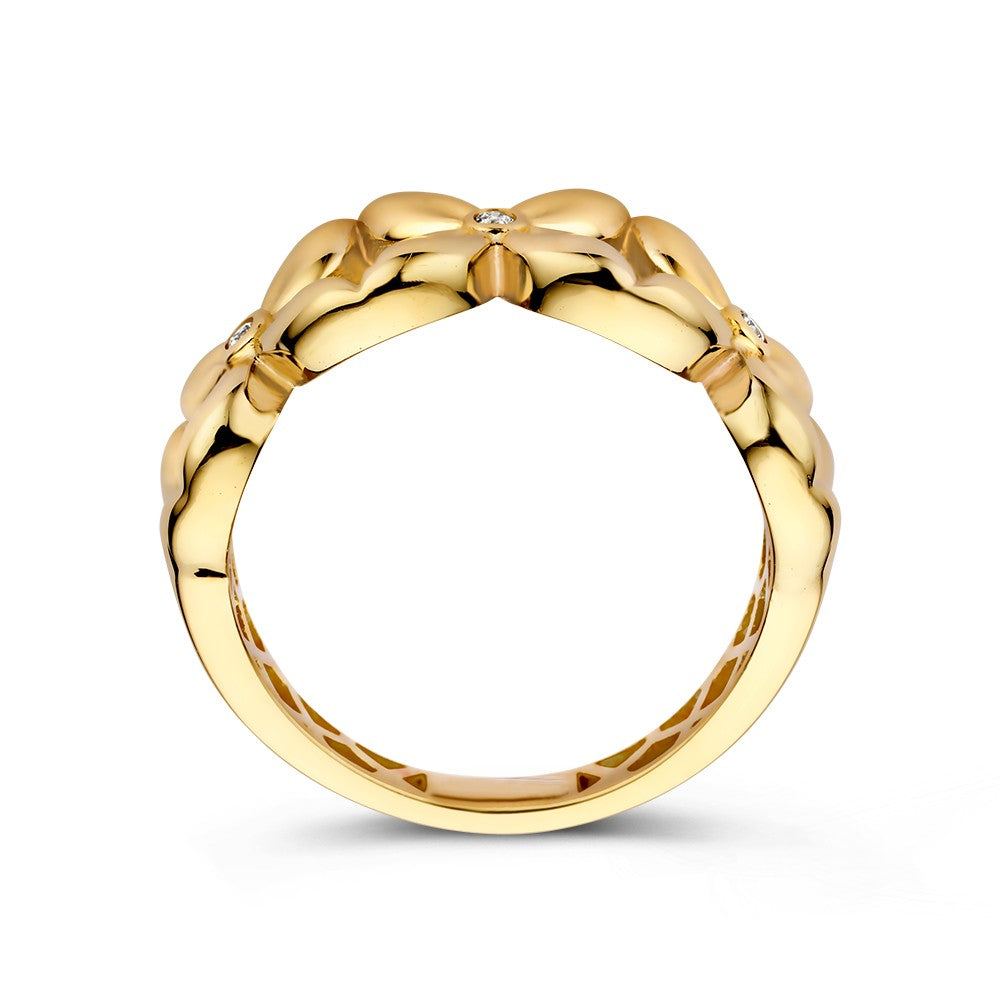 Anillo Ancho de Oro Amarillo con Diseño de Flores y Corazón de Zircón - Un Toque Femenino