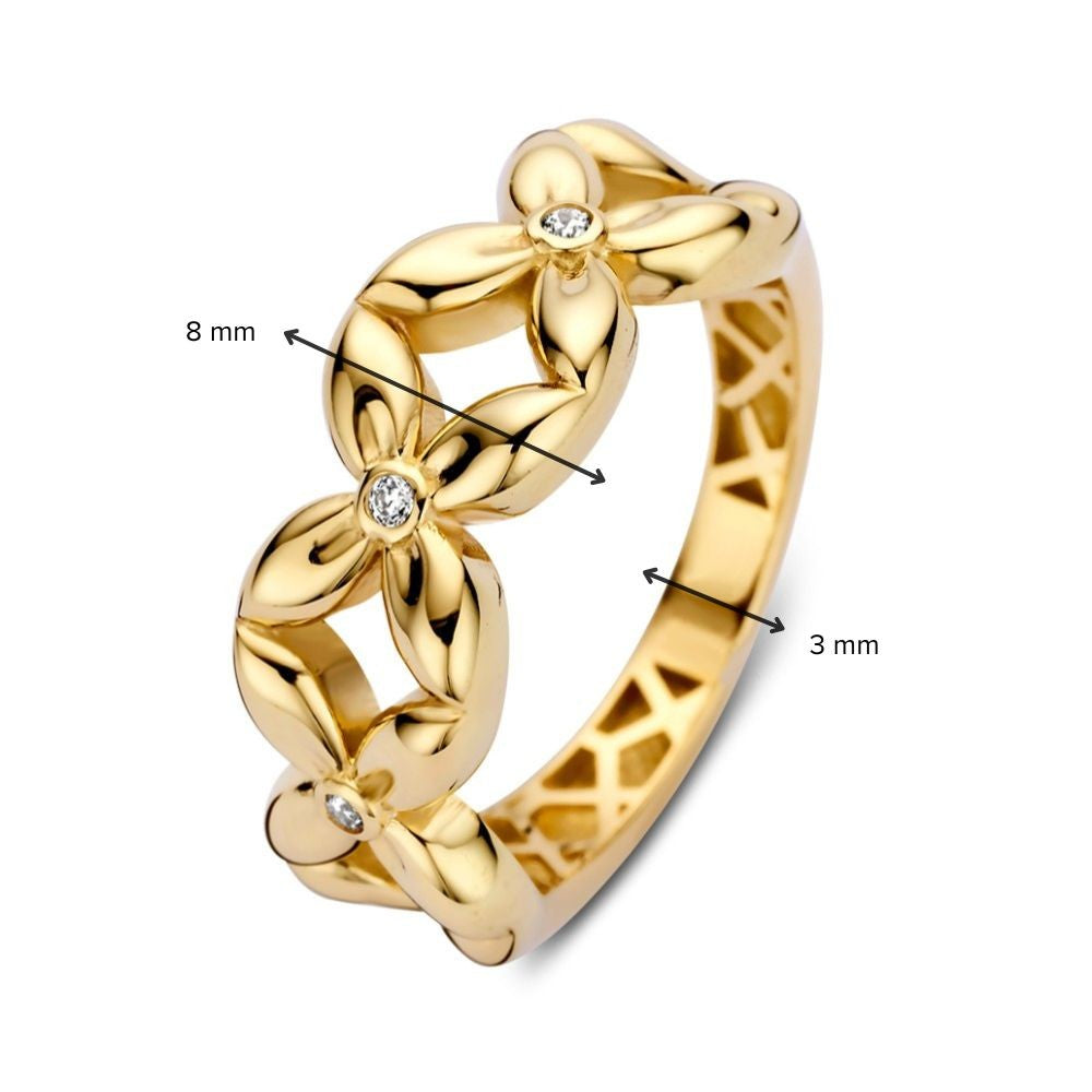 Anillo Ancho de Oro Amarillo con Diseño de Flores y Corazón de Zircón - Un Toque Femenino