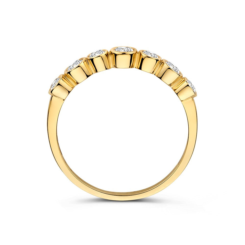 Elegante Anillo de Oro Amarillo con Zircón en Cajitas de Montura Redondas – Belleza Atemporal en Oro de 14 Quilates