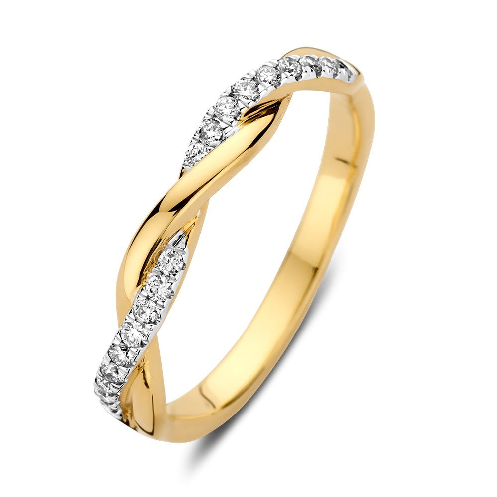 Anillo de oro amarillo con diseño entrelazado y diamantes de 0,15 quilates.