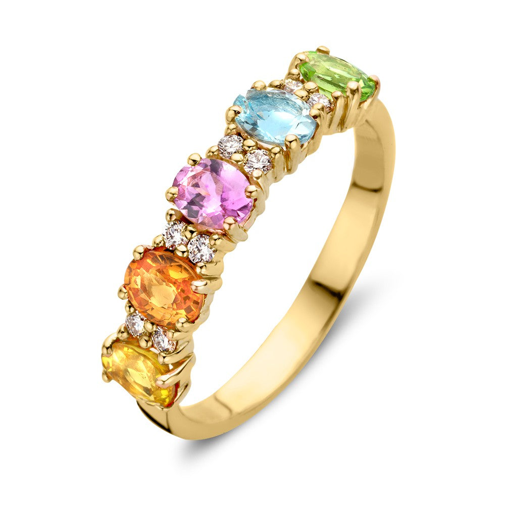 Anillo de oro rosado de 18 quilates con zafiros arcoíris y diamantes.