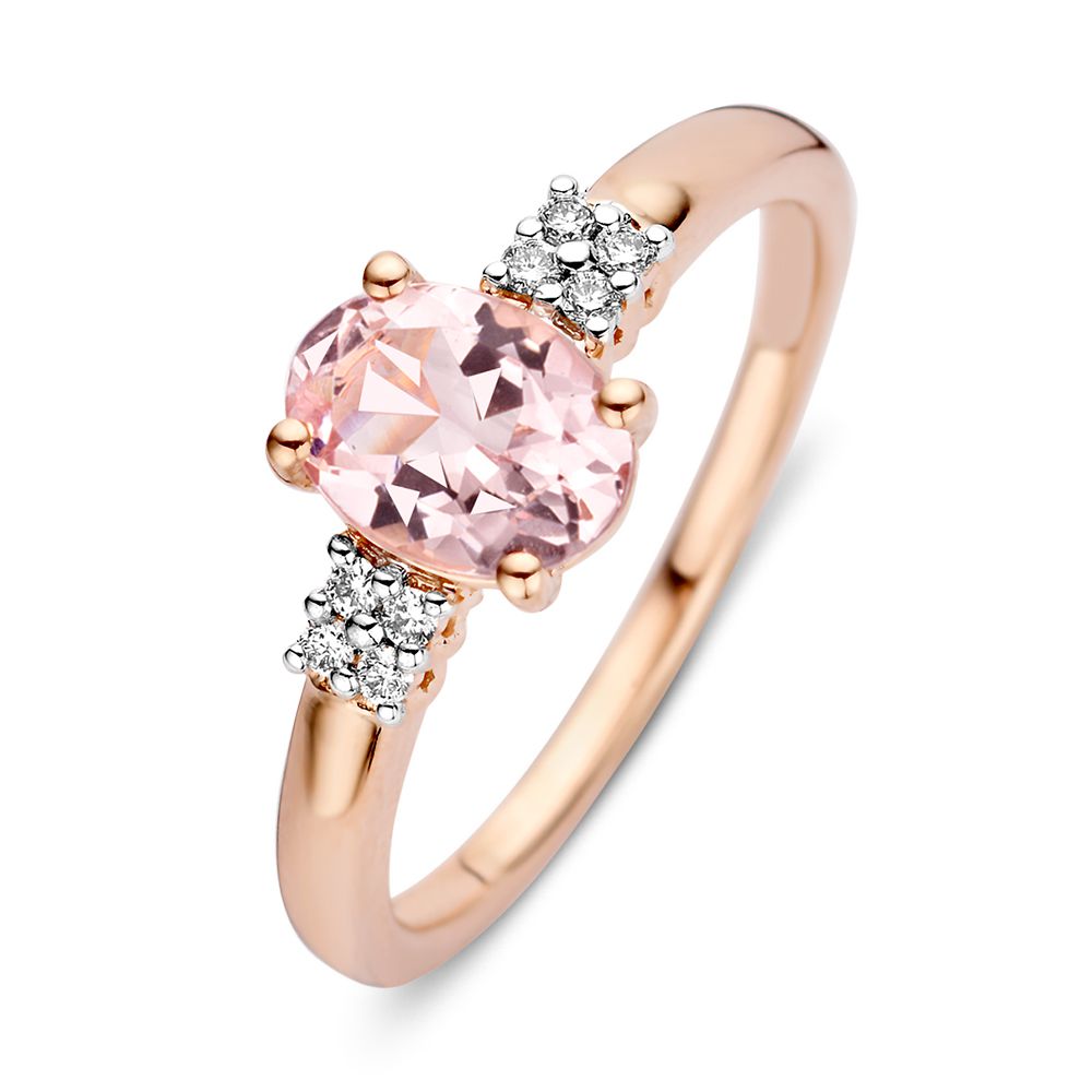 De 14 Karaat Roségouden Ring van Excellent Jewelry heeft een 1,03 ct morganiet in het midden, omringd door 0,07 ct briljanten op een gepolijste band.