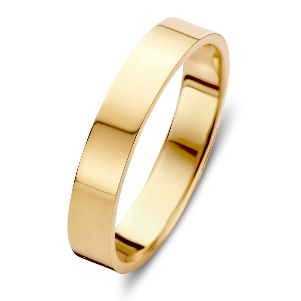 Anillo de oro amarillo de 4 mm con acabado pulido y forma rectangular.