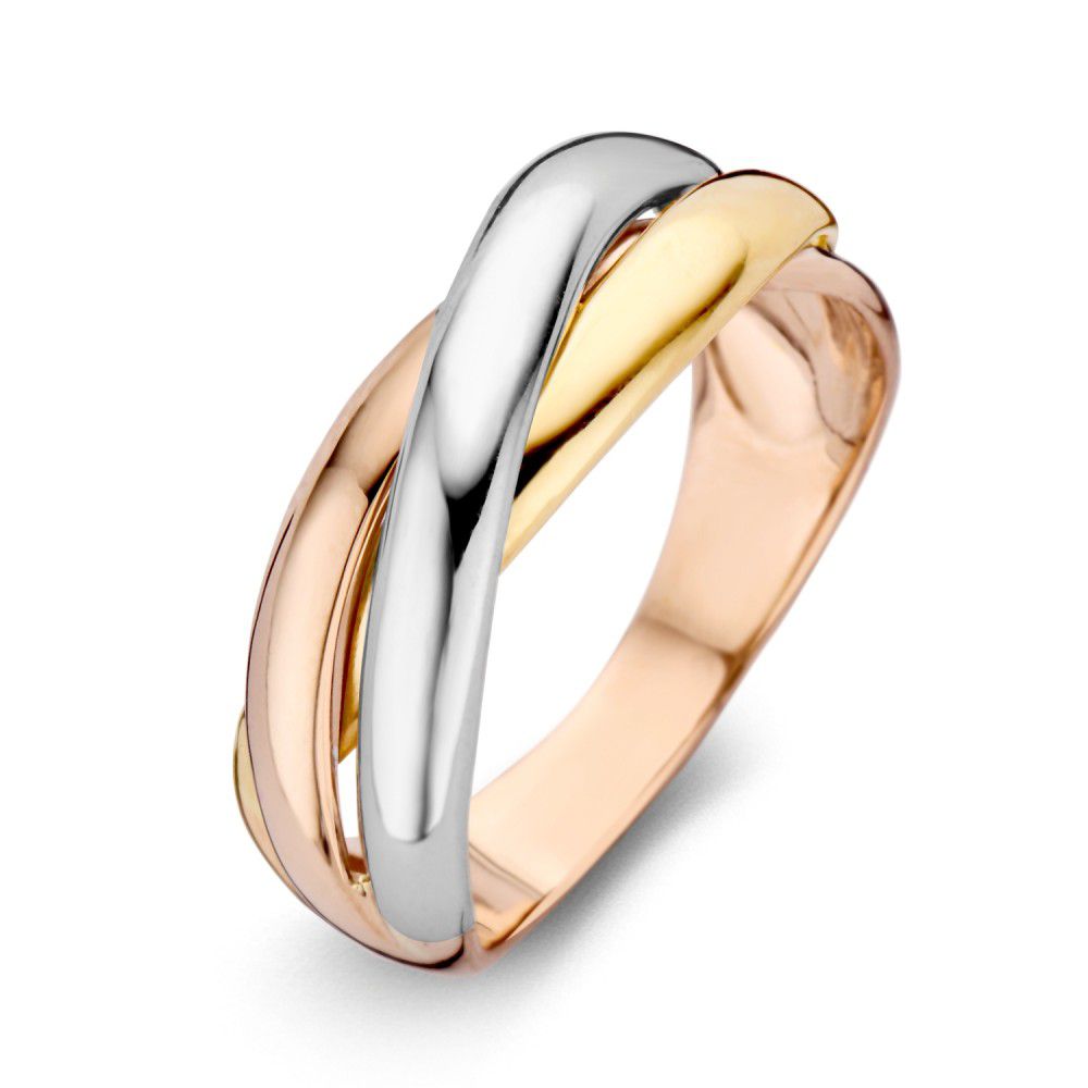 Anillo de dama tricolor de 14 quilates con diseño entrelazado en oro rosa, blanco y amarillo.