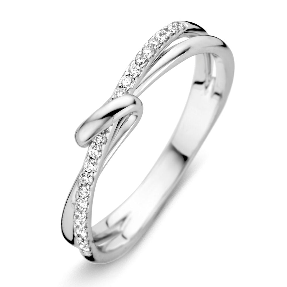 Anillo de oro blanco de 14 quilates con un brillante de 0,12 quilates y diseño entrelazado.